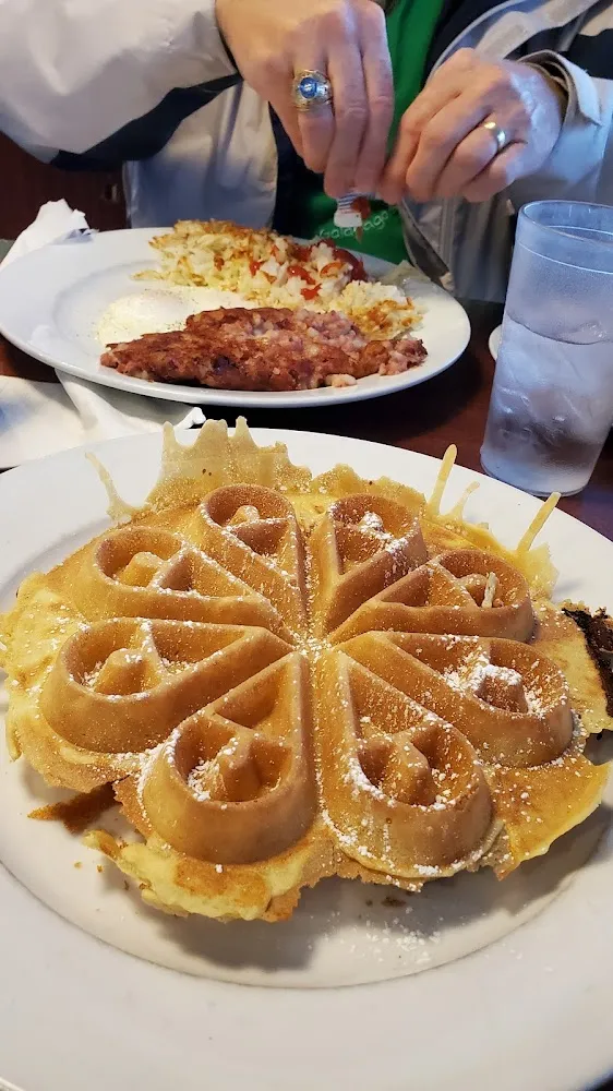Belgian Waffle and Corned Beef Hash in the Background